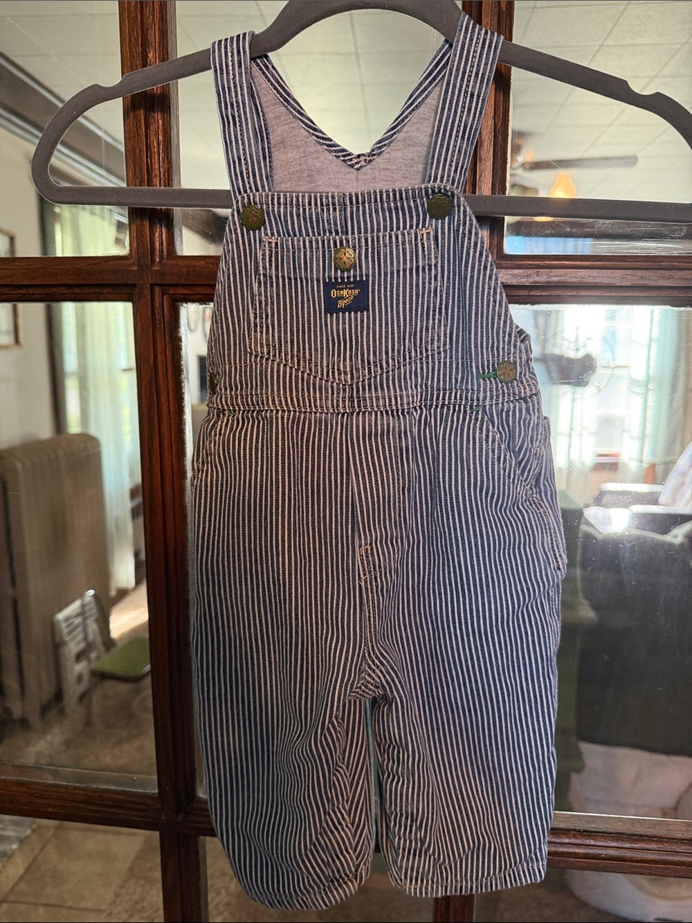 OshKosh B'gosh Kids Blue White Hickory Stripe Jersey Lined Vestbak Overalls 12M